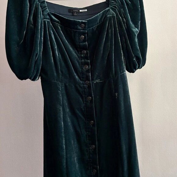 J Crew Green Velvet Puff Sleeve Midi Dress Sz 2 (Hemmed) - Picture 2 of 5